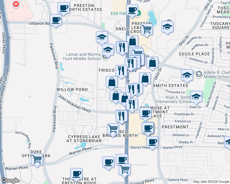 map of restaurants, bars, coffee shops, grocery stores, and more near 8765 Stockard Drive in Frisco
