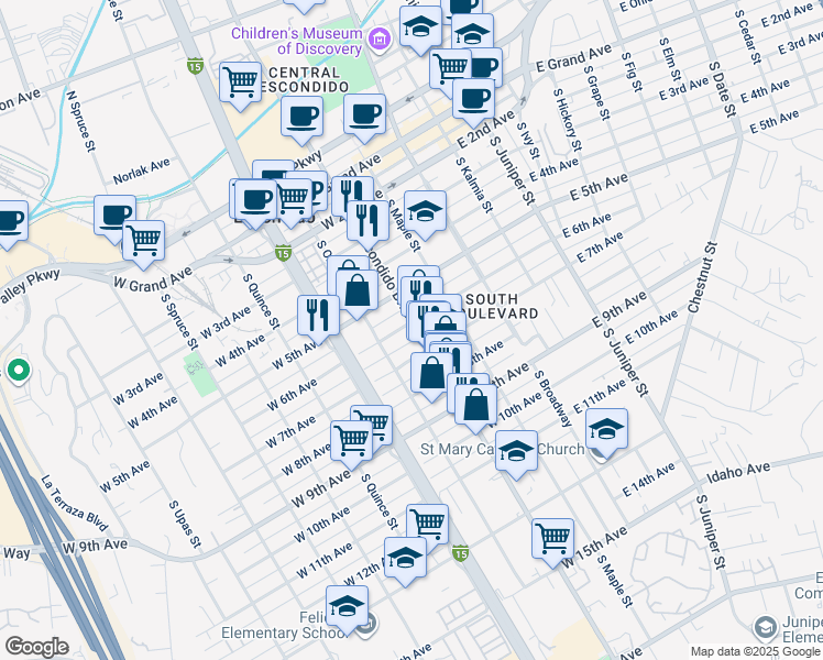 map of restaurants, bars, coffee shops, grocery stores, and more near 609 South Escondido Boulevard in Escondido