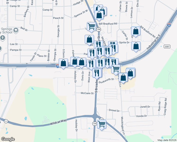map of restaurants, bars, coffee shops, grocery stores, and more near 200 Shannon Road West in Sulphur Springs