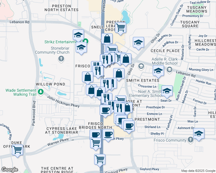 map of restaurants, bars, coffee shops, grocery stores, and more near 4400 Preston Road in Frisco