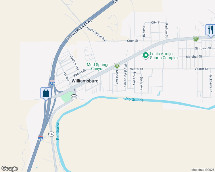 map of restaurants, bars, coffee shops, grocery stores, and more near Del Rio Street in Williamsburg