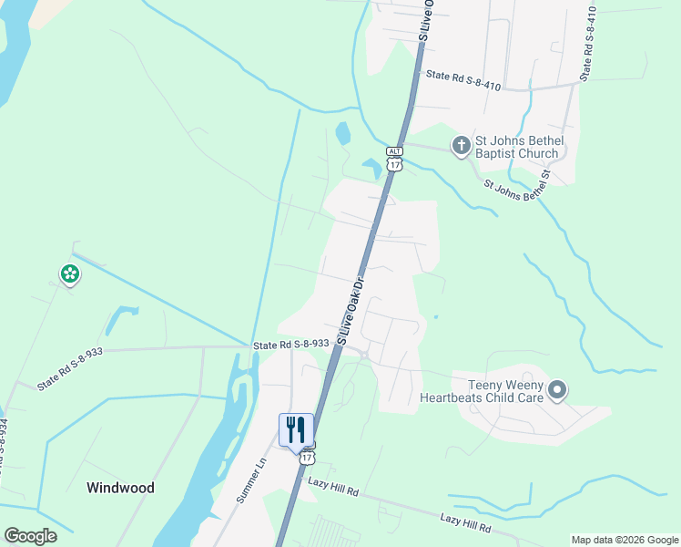 map of restaurants, bars, coffee shops, grocery stores, and more near 2429 South Live Oak Drive in Moncks Corner