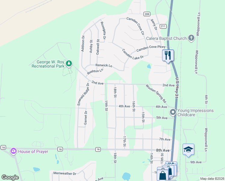 map of restaurants, bars, coffee shops, grocery stores, and more near 273 19th Street in Calera