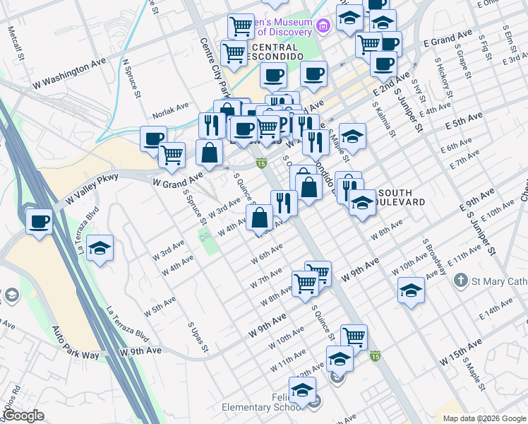 map of restaurants, bars, coffee shops, grocery stores, and more near 529 West 4th Avenue in Escondido