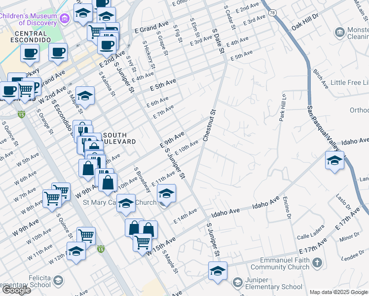 map of restaurants, bars, coffee shops, grocery stores, and more near 412 East 10th Avenue in Escondido