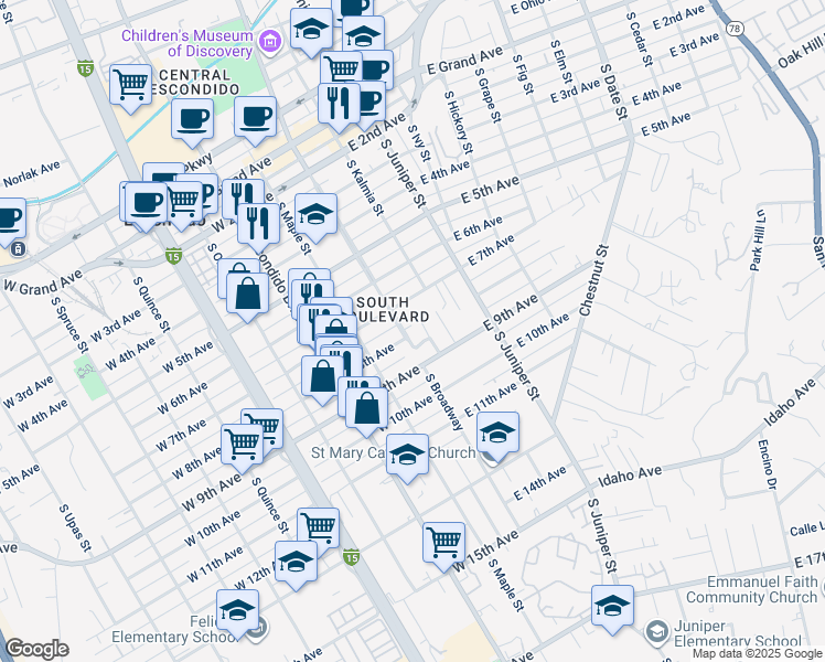 map of restaurants, bars, coffee shops, grocery stores, and more near 828 Khayyam Road in Escondido