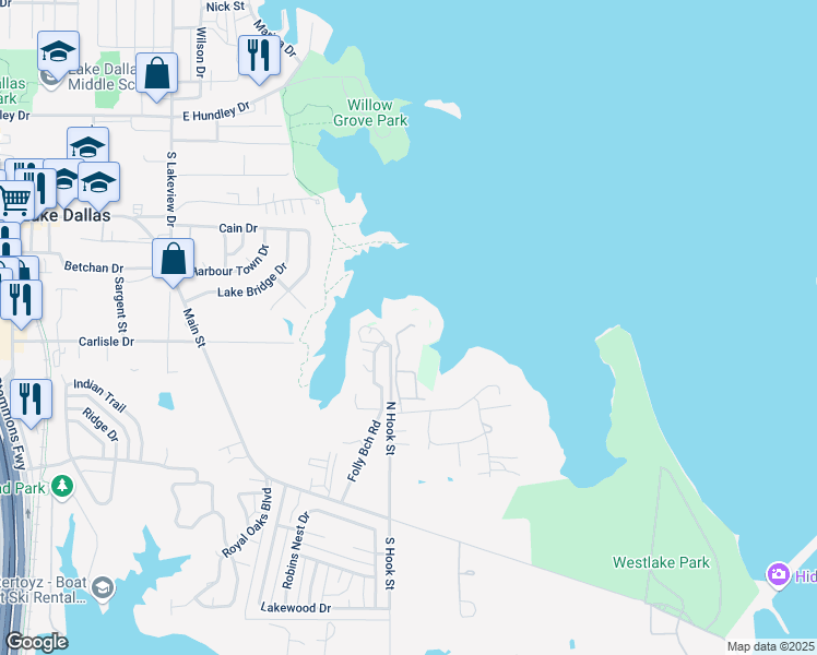map of restaurants, bars, coffee shops, grocery stores, and more near 500 Water's Edge Drive in Lake Dallas