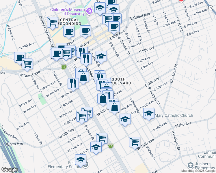 map of restaurants, bars, coffee shops, grocery stores, and more near 208 West 7th Avenue in Escondido