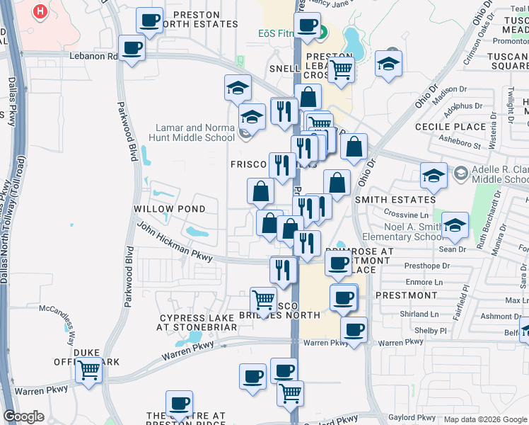map of restaurants, bars, coffee shops, grocery stores, and more near 8765 Stockard Drive in Frisco