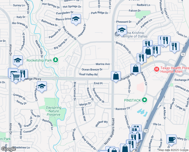 map of restaurants, bars, coffee shops, grocery stores, and more near 1035 Quail Valley Road in Allen