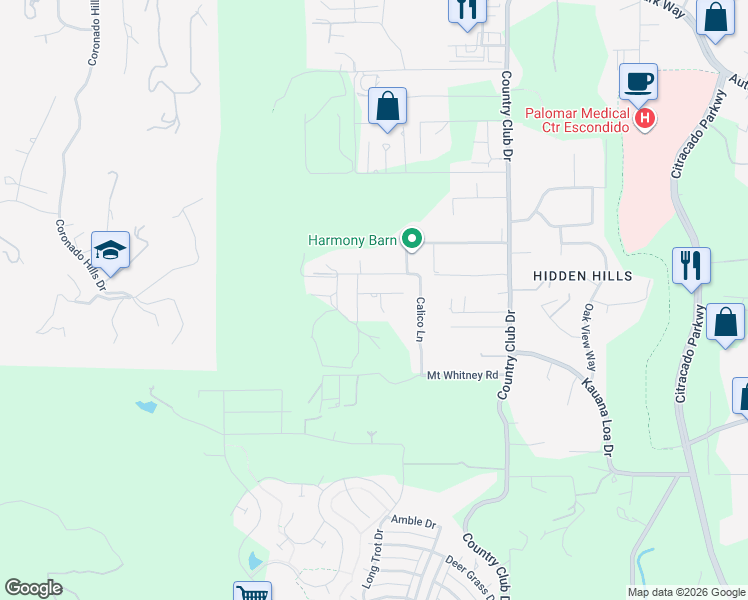 map of restaurants, bars, coffee shops, grocery stores, and more near 1450 Romance Road in Escondido