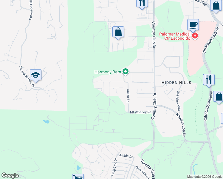 map of restaurants, bars, coffee shops, grocery stores, and more near 1450 Romance Road in Escondido