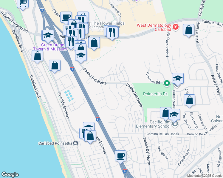 map of restaurants, bars, coffee shops, grocery stores, and more near 6548 Camino Del Parque in Carlsbad