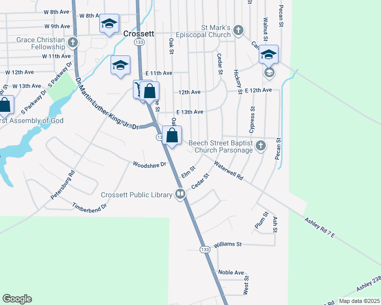 map of restaurants, bars, coffee shops, grocery stores, and more near Pvt Driveway Drive in Crossett