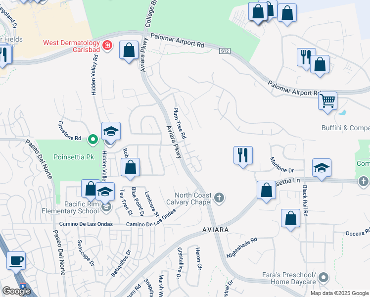 map of restaurants, bars, coffee shops, grocery stores, and more near 1313 Verbena Court in Carlsbad