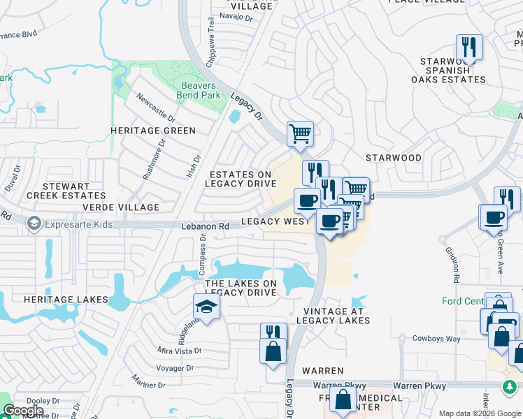 map of restaurants, bars, coffee shops, grocery stores, and more near 5141 Carnegie Drive in Frisco