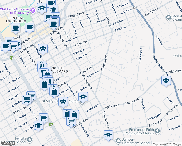 map of restaurants, bars, coffee shops, grocery stores, and more near 412 East 10th Avenue in Escondido