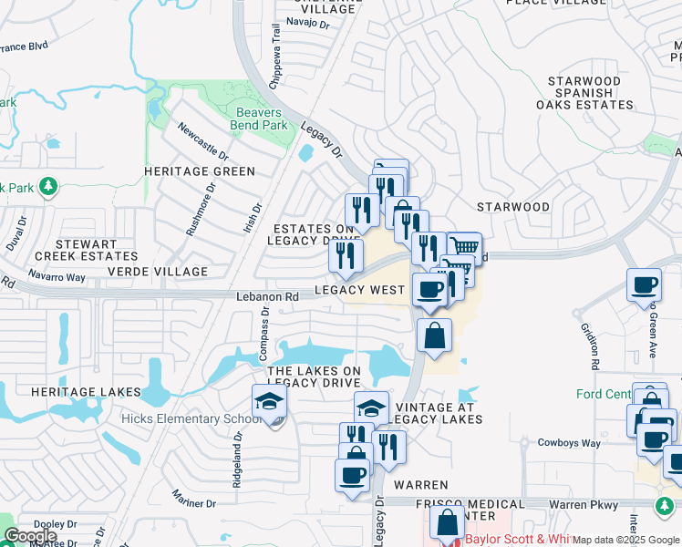 map of restaurants, bars, coffee shops, grocery stores, and more near 5141 Carnegie Drive in Frisco