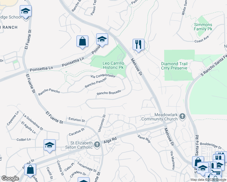 map of restaurants, bars, coffee shops, grocery stores, and more near 2940 Rancho Brasado in Carlsbad