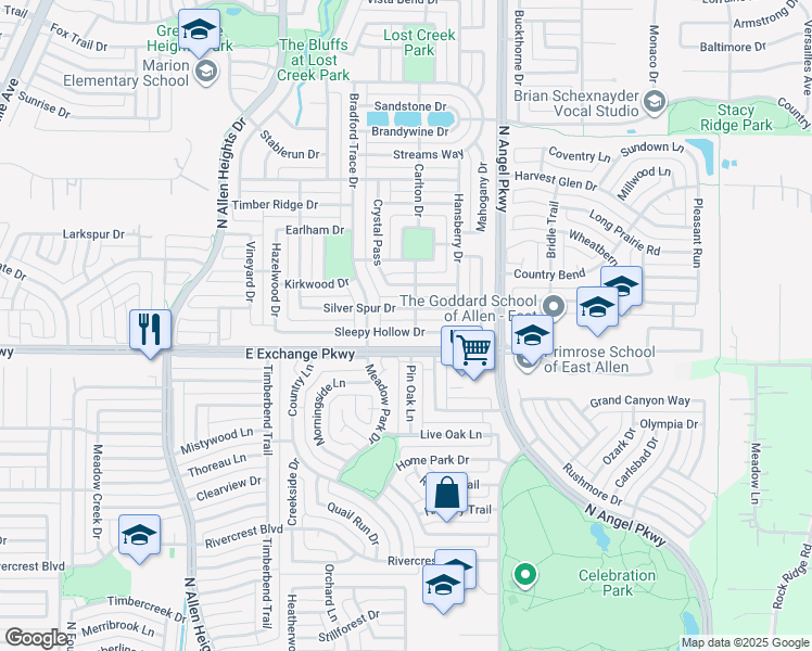 map of restaurants, bars, coffee shops, grocery stores, and more near 1518 Sleepy Hollow Drive in Allen