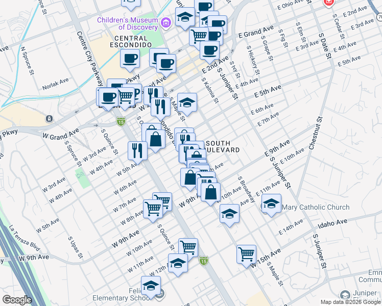 map of restaurants, bars, coffee shops, grocery stores, and more near 208 West 7th Avenue in Escondido