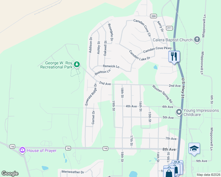 map of restaurants, bars, coffee shops, grocery stores, and more near 924 Savannah Lane in Calera