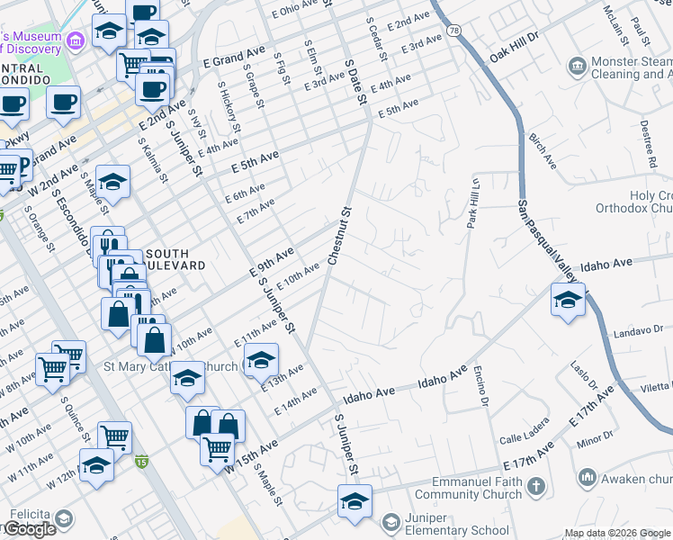 map of restaurants, bars, coffee shops, grocery stores, and more near 1055 Chestnut Street in Escondido