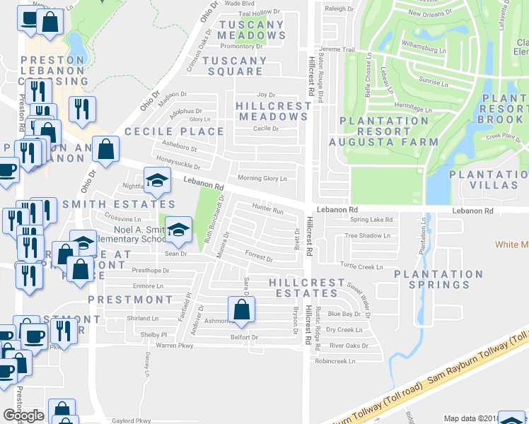 map of restaurants, bars, coffee shops, grocery stores, and more near 10217 Hunter Run in Frisco