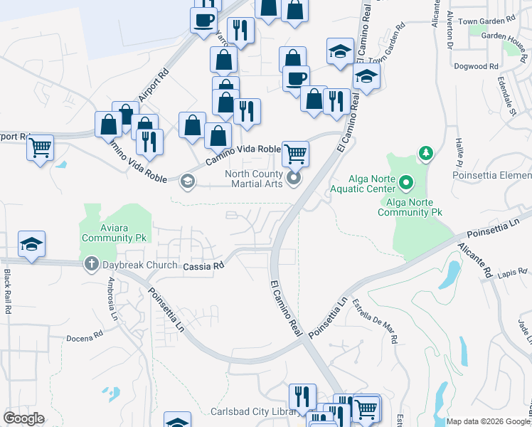 map of restaurants, bars, coffee shops, grocery stores, and more near 6421 Tobria Terrace in Carlsbad