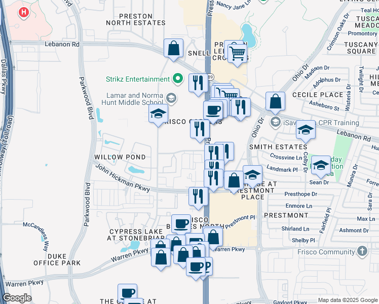 map of restaurants, bars, coffee shops, grocery stores, and more near in Frisco