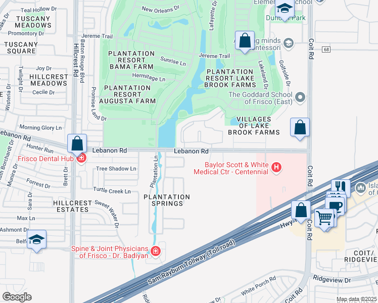 map of restaurants, bars, coffee shops, grocery stores, and more near 11100 Lebanon Road in Frisco