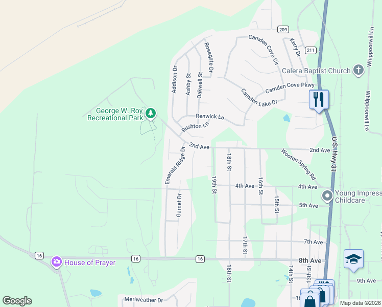 map of restaurants, bars, coffee shops, grocery stores, and more near 1021 Emerald Ridge Drive in Calera