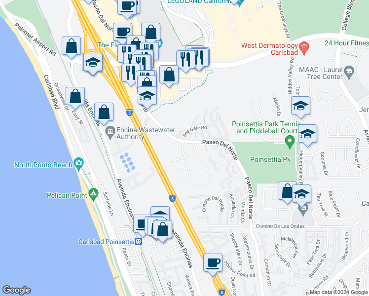 map of restaurants, bars, coffee shops, grocery stores, and more near 6408 Camino Del Parque in Carlsbad