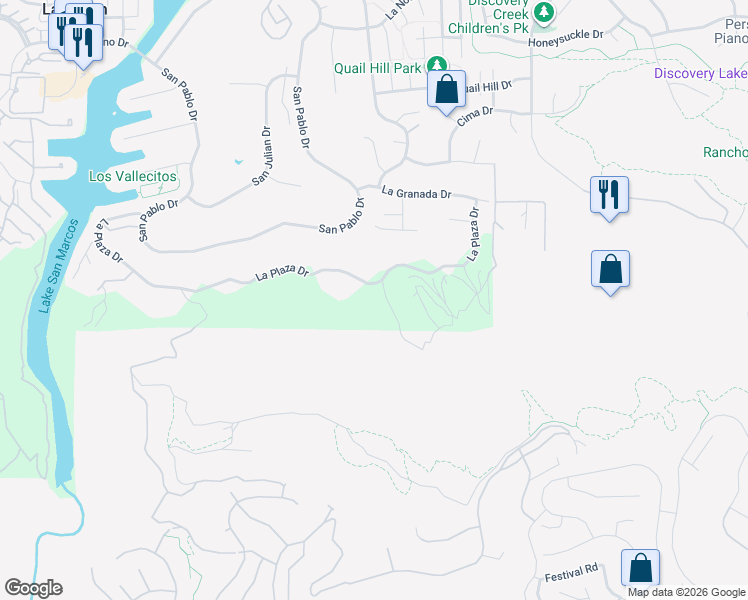 map of restaurants, bars, coffee shops, grocery stores, and more near 1790 La Plaza Drive in San Marcos