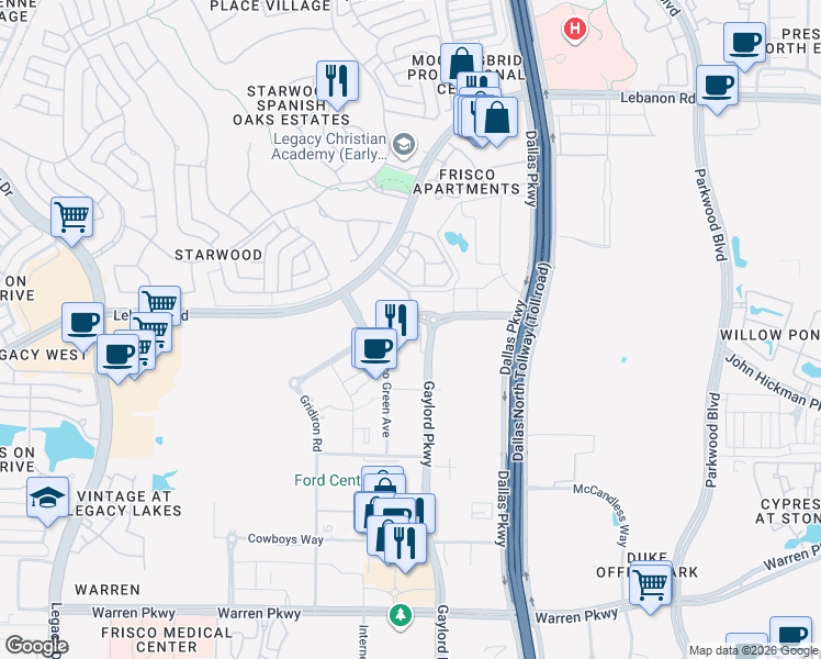 map of restaurants, bars, coffee shops, grocery stores, and more near 6633 John Hickman Parkway in Frisco
