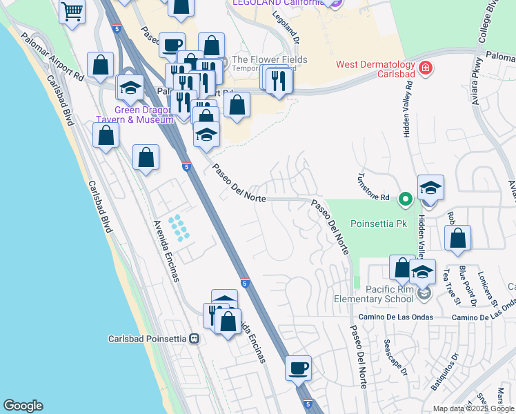 map of restaurants, bars, coffee shops, grocery stores, and more near 6408 Camino Del Parque in Carlsbad