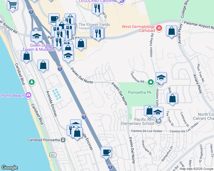 map of restaurants, bars, coffee shops, grocery stores, and more near 912 Caminito Madrigal in Carlsbad