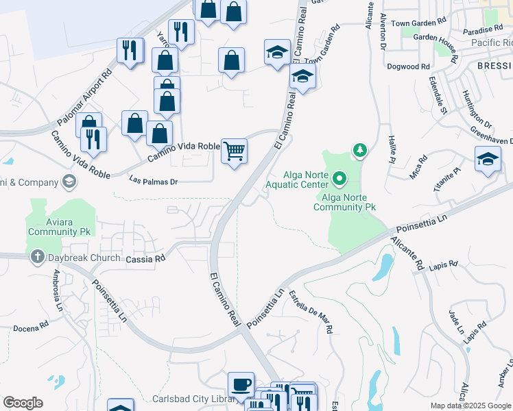 map of restaurants, bars, coffee shops, grocery stores, and more near 2421 Copper Way in Carlsbad