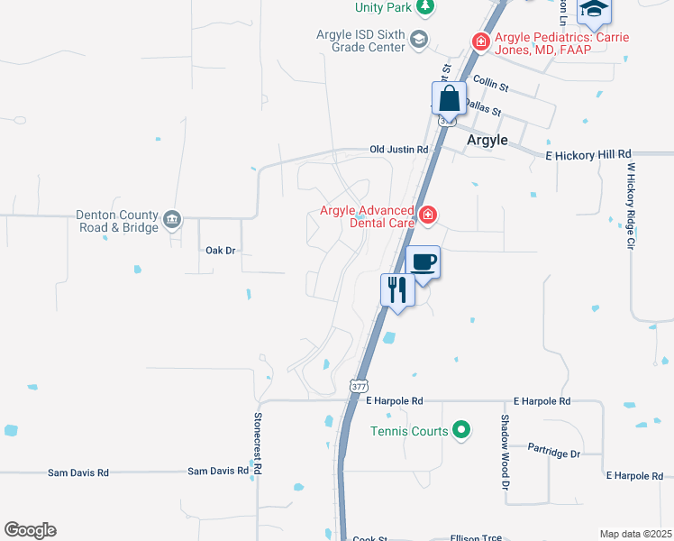 map of restaurants, bars, coffee shops, grocery stores, and more near 317 Old Justin Road in Argyle