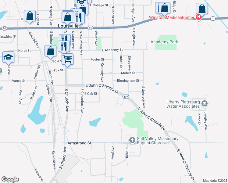 map of restaurants, bars, coffee shops, grocery stores, and more near 302 East John C Stennis Drive in Louisville