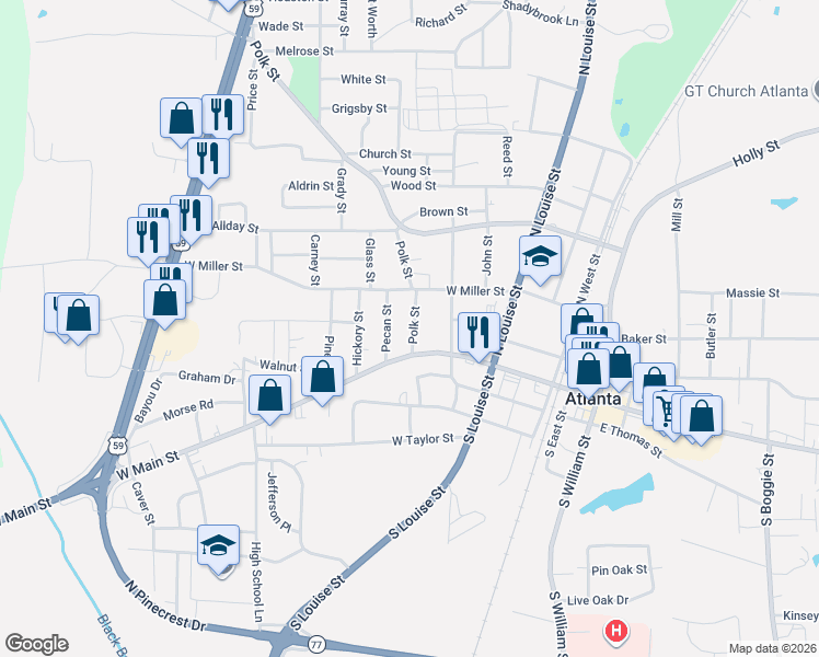 map of restaurants, bars, coffee shops, grocery stores, and more near 101-299 Polk Street in Atlanta