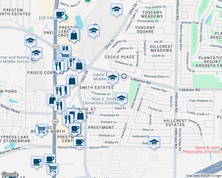 map of restaurants, bars, coffee shops, grocery stores, and more near 9644 Crossvine Lane in Frisco