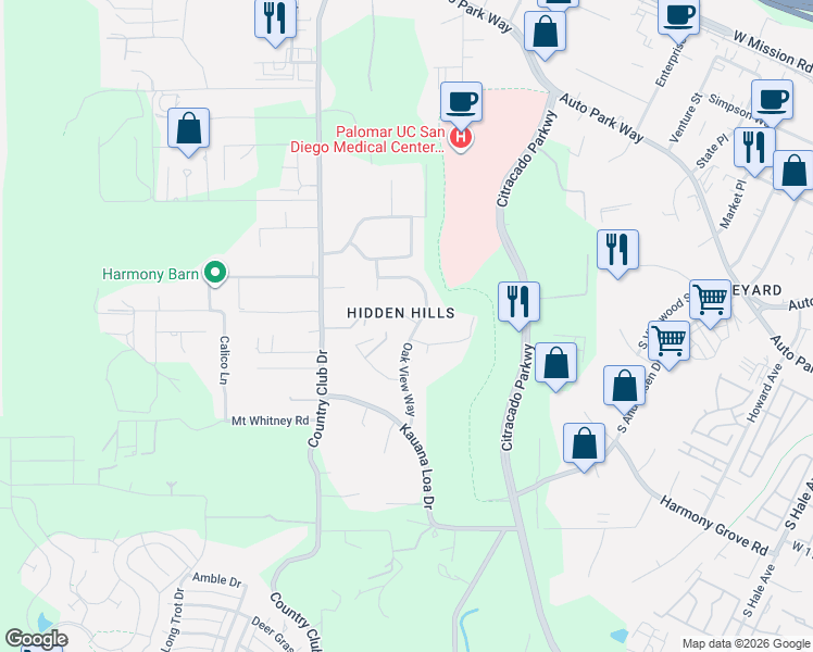 map of restaurants, bars, coffee shops, grocery stores, and more near 2749 Silver Oak Place in Escondido