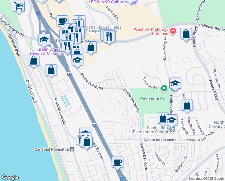 map of restaurants, bars, coffee shops, grocery stores, and more near 6571 Paseo Del Norte in Carlsbad