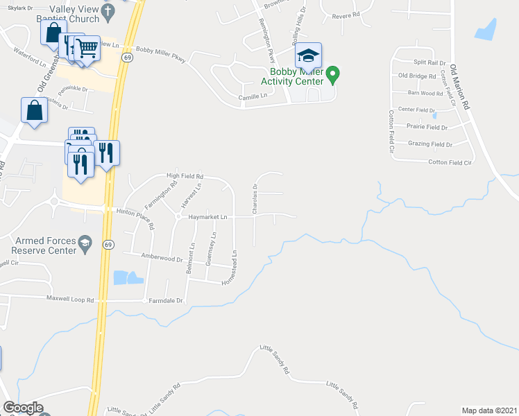 map of restaurants, bars, coffee shops, grocery stores, and more near 9765 Charolais Drive in Tuscaloosa