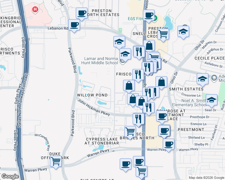 map of restaurants, bars, coffee shops, grocery stores, and more near 64 Emerald Pond Drive in Frisco