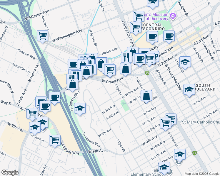 map of restaurants, bars, coffee shops, grocery stores, and more near 101 South Spruce Street in Escondido