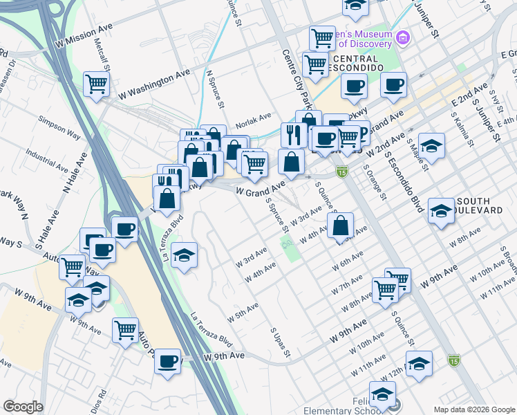 map of restaurants, bars, coffee shops, grocery stores, and more near 101 South Spruce Street in Escondido