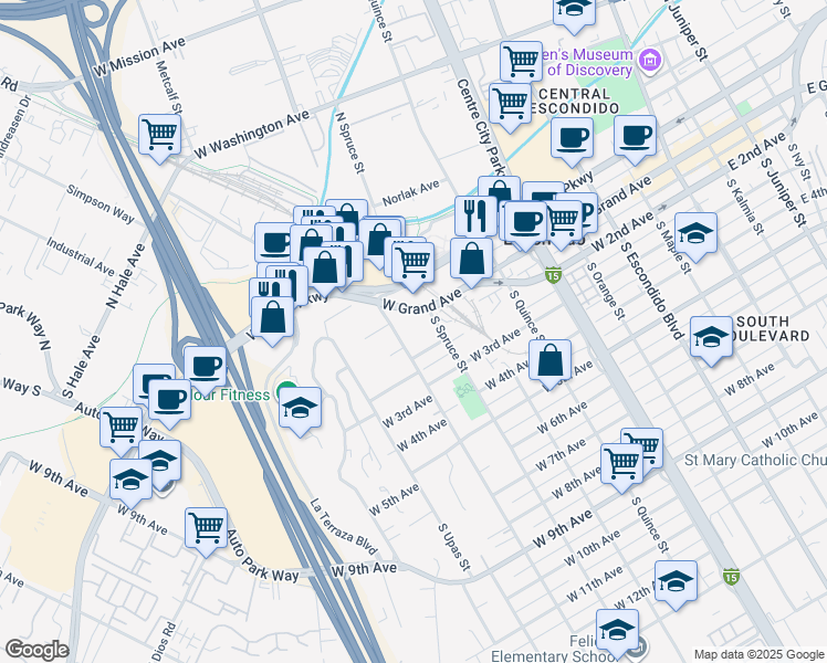 map of restaurants, bars, coffee shops, grocery stores, and more near 101 South Spruce Street in Escondido