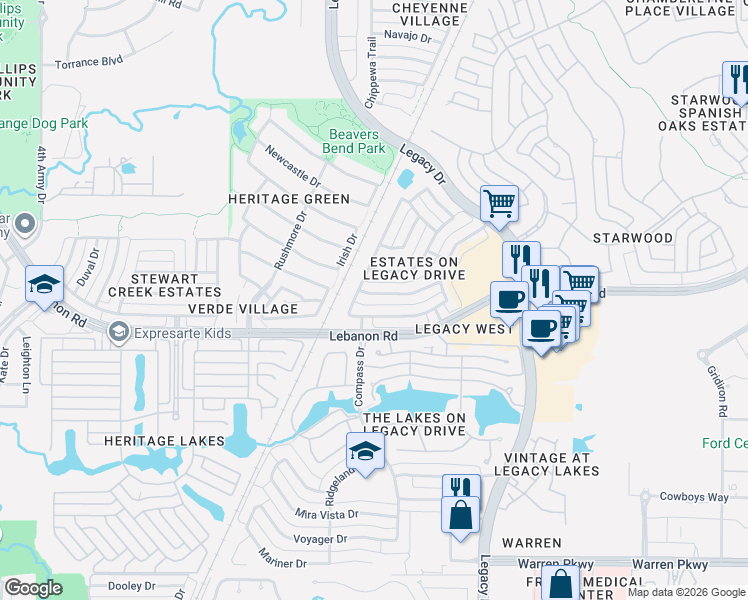 map of restaurants, bars, coffee shops, grocery stores, and more near 4829 Carnegie Drive in Frisco